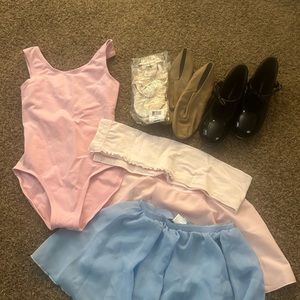 Ballet shoes,tap shoes,jazz shoes, leotard,pink and blue tutu,ballet tights